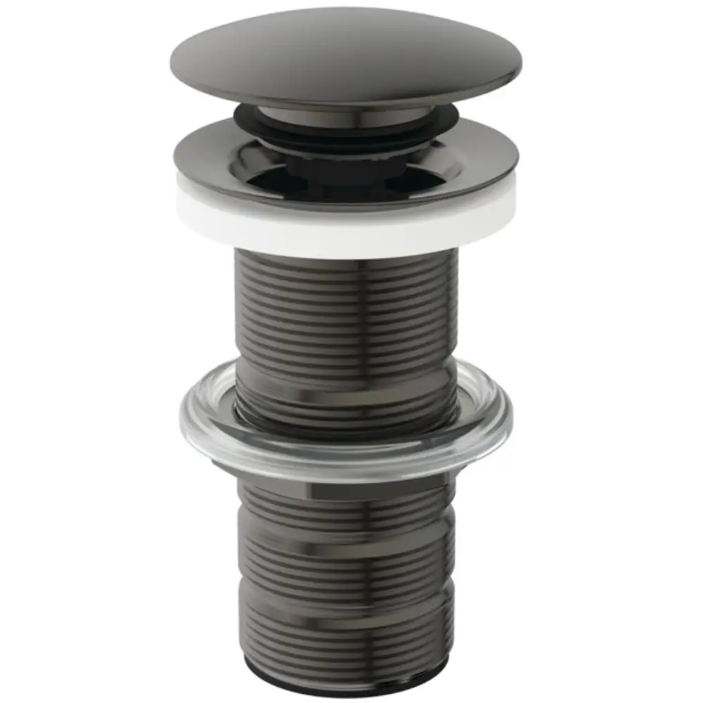 Push-Open-Abfluss für Waschbecken, farblich in Magnetic Grey, mit einem runden Deckel und einem Gewinde zur Befestigung. Produkt von Ideal Standard.